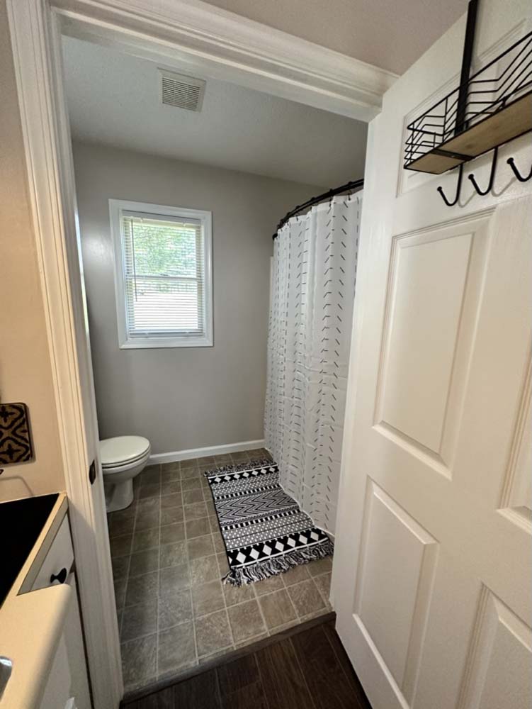 Bathroom with shower curtain, window, and patterned rug