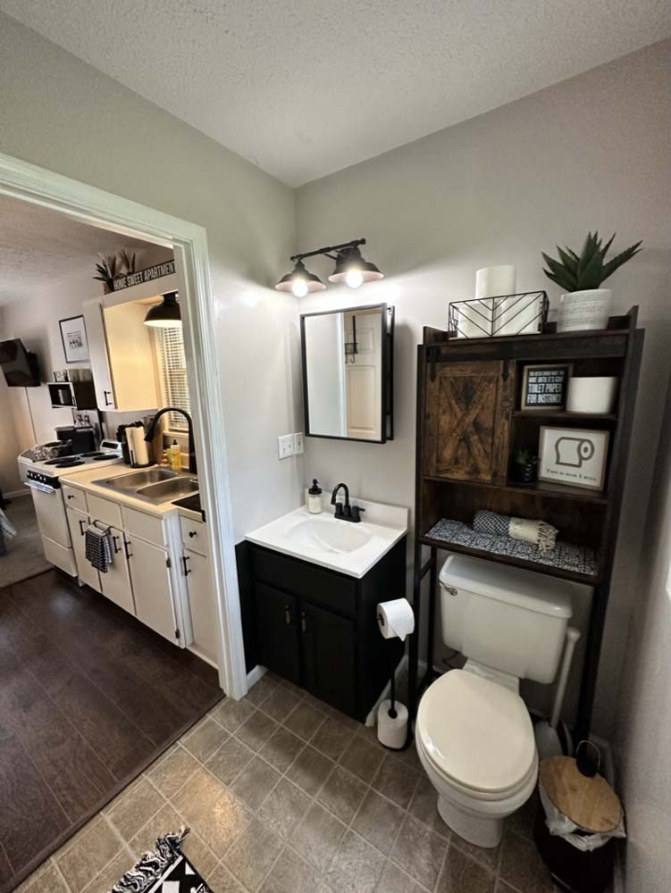 Bathroom vanity with black sink and over-toilet shelving