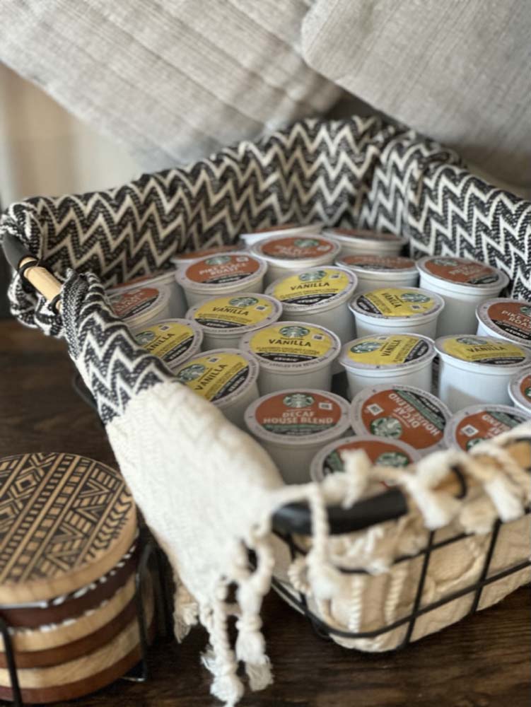 Basket of assorted Starbucks K-cup coffee pods