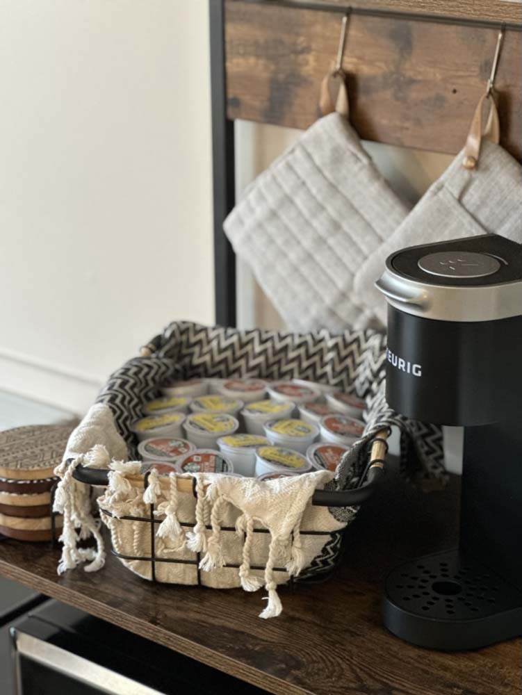 Keurig coffee station with K-cup basket and pot holders