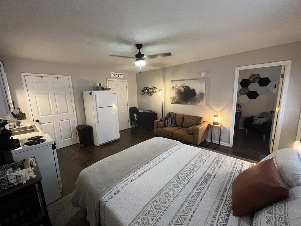 Living area with sofa, artwork, and view into the bedroom