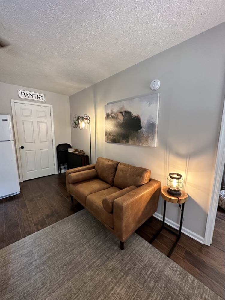 Living area with leather sofa, abstract art, and pantry door