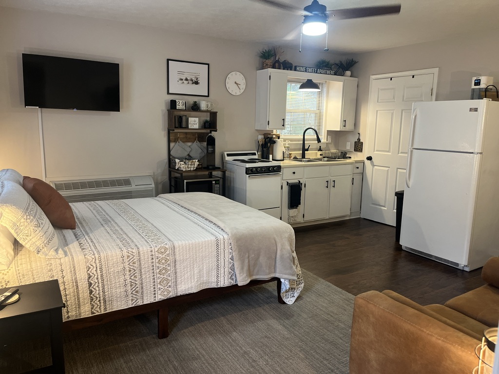 Studio interior looking toward the kitchen and refrigerator